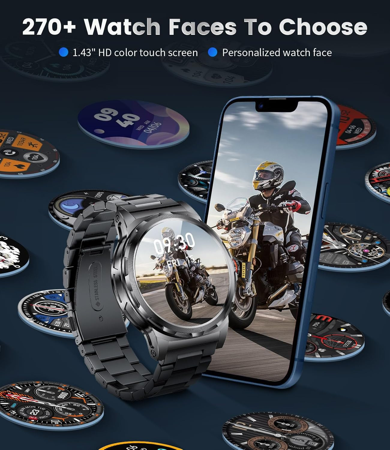 Military Smart Watch for Men(3 Straps),1.43"Hd AMOLED Rugged Smartwatch(Answer/Make Call) for Android Ios,Fitness Watch,Black Sport Watch with 120+ Sport Modes/Ip68 Waterproof/Running/Heart Rate