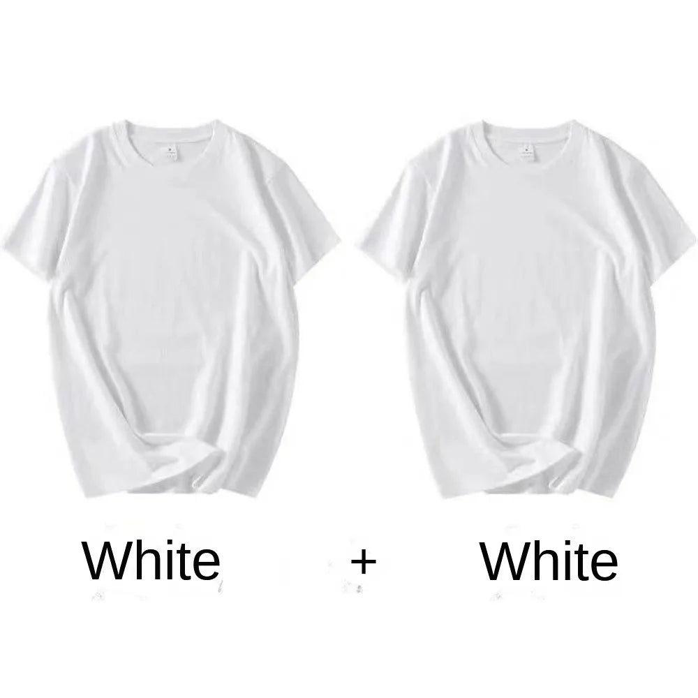2PCS 100% Cotton Solid T Shirts Men'S and Women'S Short Sleeve White Tees Casual Breathable Loose round Neck T-Shirt Couple Tops