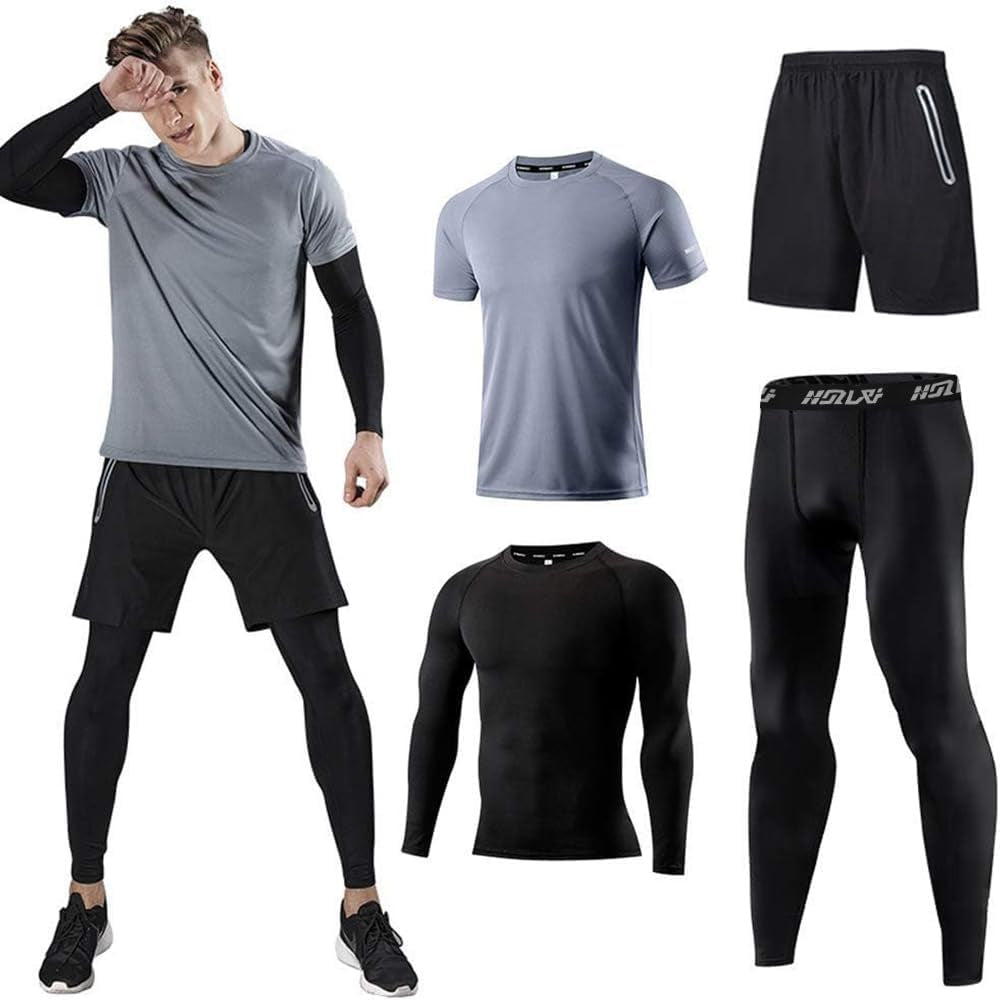 Men'S Sports Running Set (Pack of 4 or 5) Athletic Shirt+Short/Compression Shirt+Pants with Coat Tracksuit Gym Suits