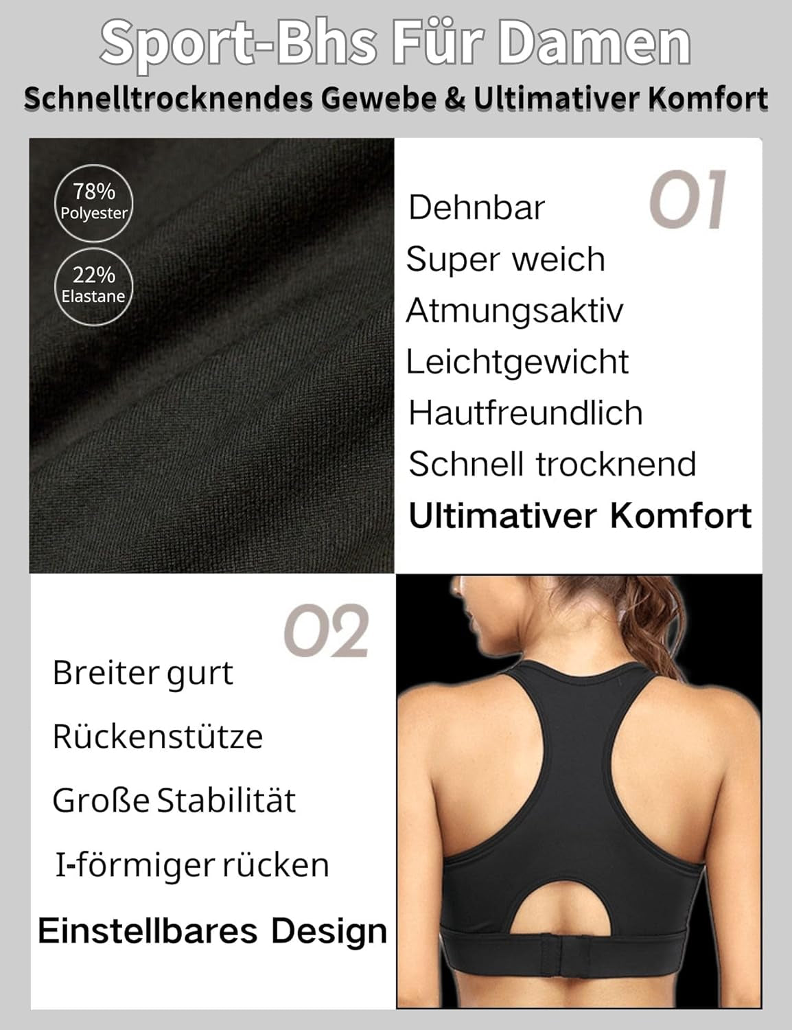 Women'S Sports Bra, High Support, White, Regular