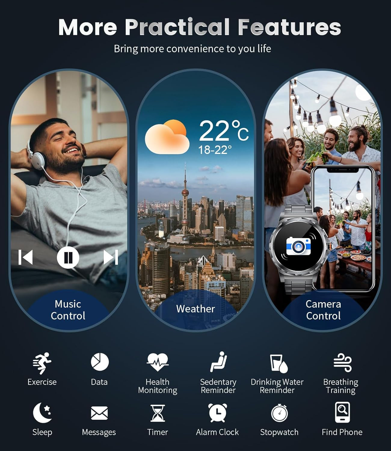 Military Smart Watch for Men(3 Straps),1.43"Hd AMOLED Rugged Smartwatch(Answer/Make Call) for Android Ios,Fitness Watch,Black Sport Watch with 120+ Sport Modes/Ip68 Waterproof/Running/Heart Rate