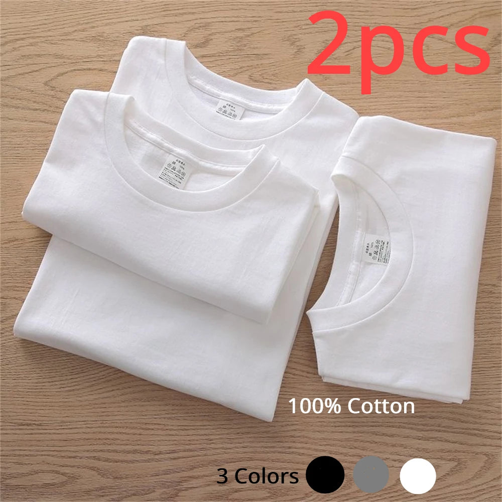 2PCS 100% Cotton Solid T Shirts Men'S and Women'S Short Sleeve White Tees Casual Breathable Loose round Neck T-Shirt Couple Tops