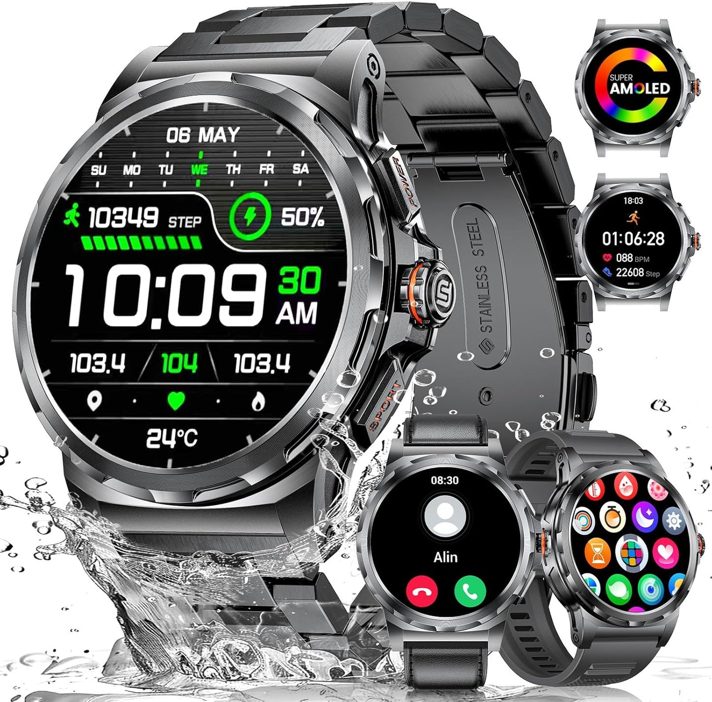 Military Smart Watch for Men(3 Straps),1.43"Hd AMOLED Rugged Smartwatch(Answer/Make Call) for Android Ios,Fitness Watch,Black Sport Watch with 120+ Sport Modes/Ip68 Waterproof/Running/Heart Rate