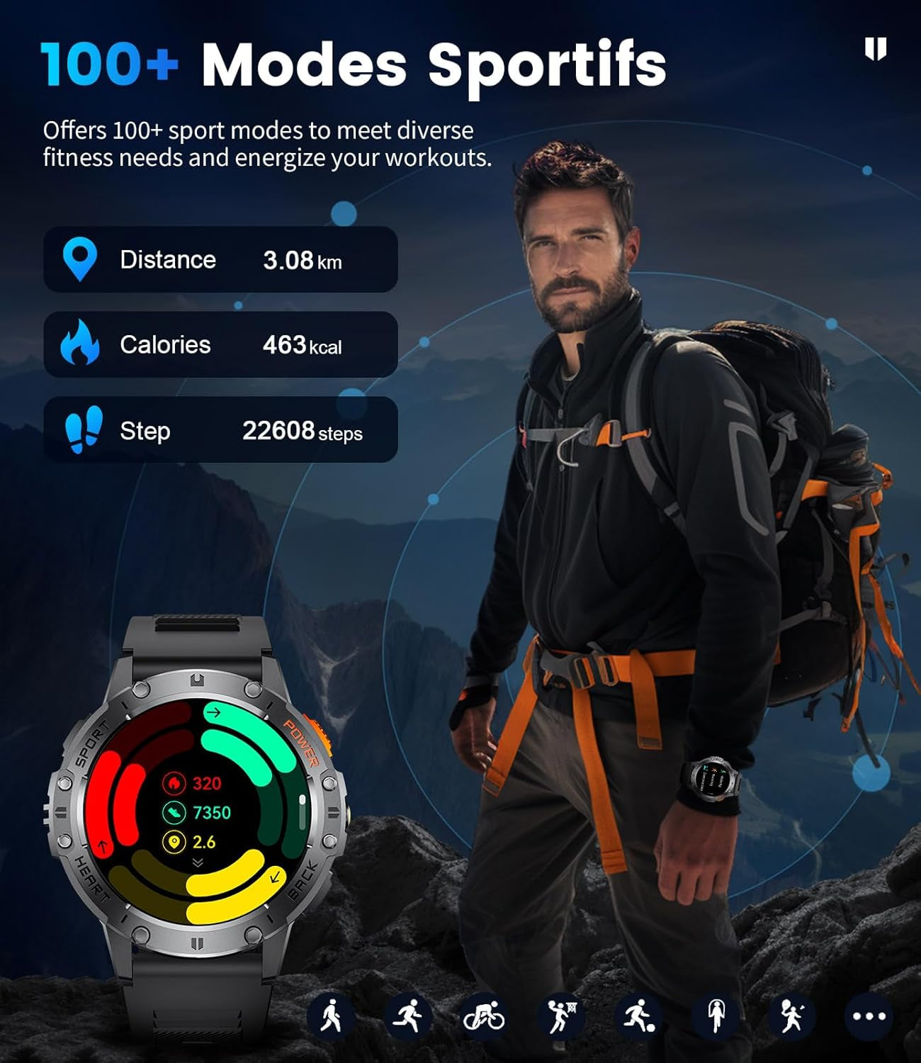 Military Smart Watch for Men with Bluetooth Call,1.43" AMOLED with LED Flashlight/530Mah,100+ Sports Mode Tactical Fitness Tracker/Heart Rate Sleep Health Monitor/Ip68 Waterproof for Android Ios