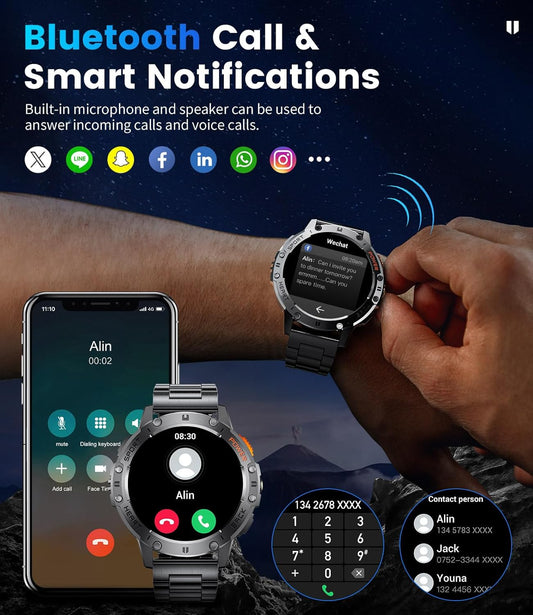 Military Smart Watch for Men with Bluetooth Call,1.43" AMOLED with LED Flashlight/530Mah,100+ Sports Mode Tactical Fitness Tracker/Heart Rate Sleep Health Monitor/Ip68 Waterproof for Android Ios