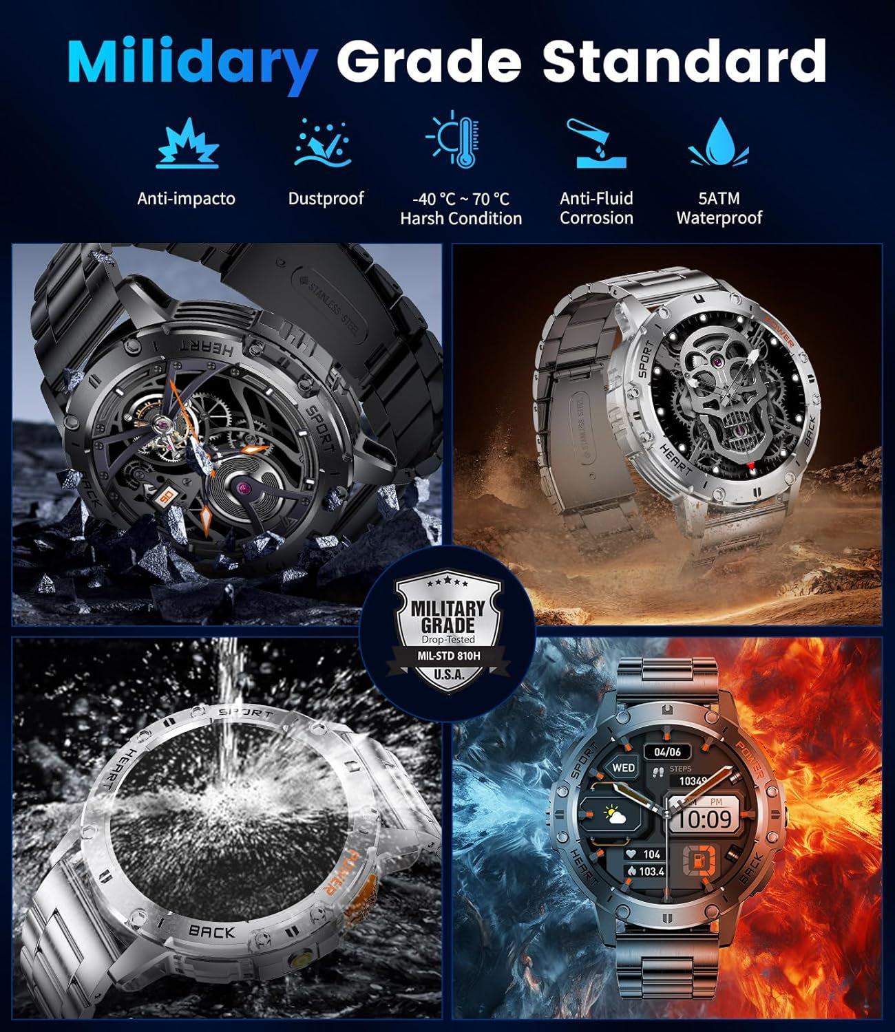Military Smart Watch for Men with Bluetooth Call,1.43" AMOLED with LED Flashlight/530Mah,100+ Sports Mode Tactical Fitness Tracker/Heart Rate Sleep Health Monitor/Ip68 Waterproof for Android Ios