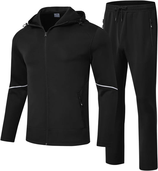 Mens Tracksuit Sets Full Zip Jogging Sports Gym Suit 2 Piece Athletic Contrast Sweat Suits with Hoodie
