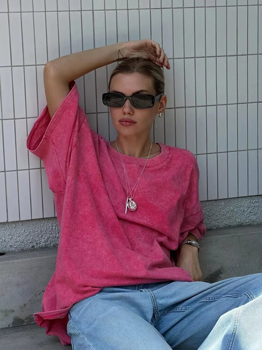 100% Cotton Retro T-Shirt Men Women Vintage Short-Sleeve Wax Printing T Shirts Solid Color Hip Hop Loose Tees
