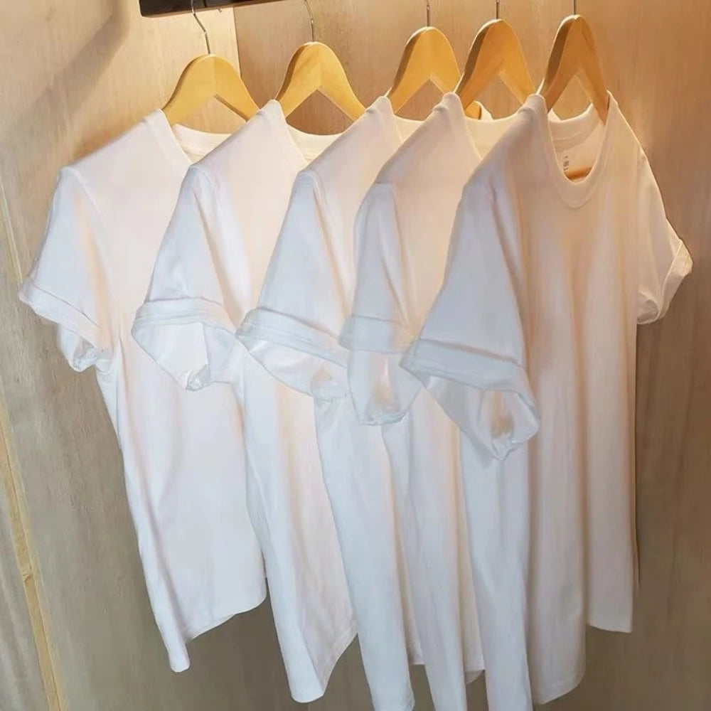 2PCS 100% Cotton Solid T Shirts Men'S and Women'S Short Sleeve White Tees Casual Breathable Loose round Neck T-Shirt Couple Tops