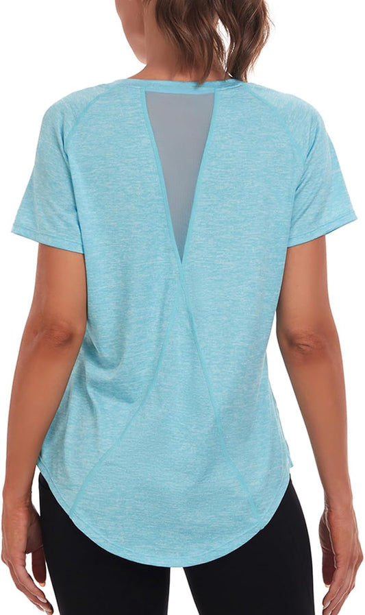 Women'S Gym Shirts, Short Sleeve Lightweight Moisture Wicking Quick Dry Back Mesh Loose Fit Sports Tops for Ladies