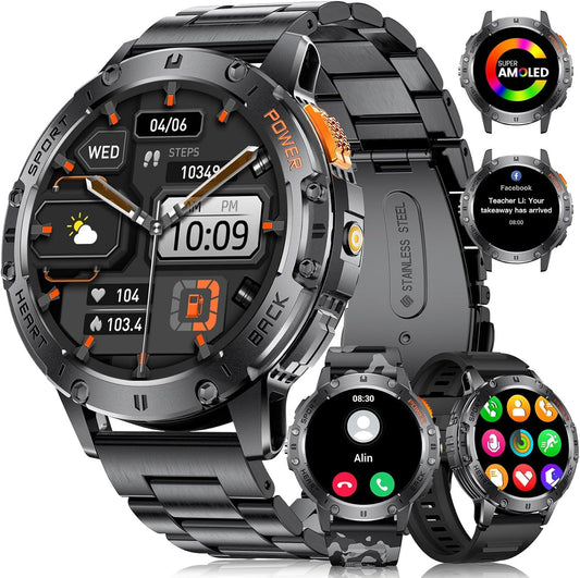 Military Smart Watch for Men with Bluetooth Call,1.43" AMOLED with LED Flashlight/530Mah,100+ Sports Mode Tactical Fitness Tracker/Heart Rate Sleep Health Monitor/Ip68 Waterproof for Android Ios