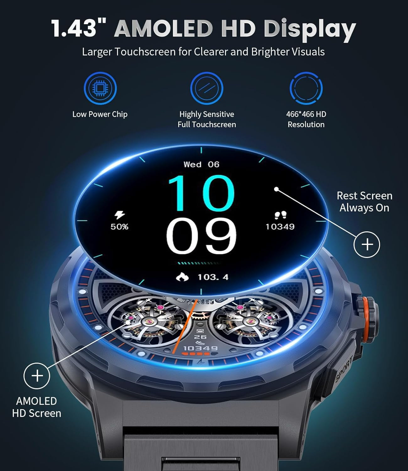 Military Smart Watch for Men(3 Straps),1.43"Hd AMOLED Rugged Smartwatch(Answer/Make Call) for Android Ios,Fitness Watch,Black Sport Watch with 120+ Sport Modes/Ip68 Waterproof/Running/Heart Rate